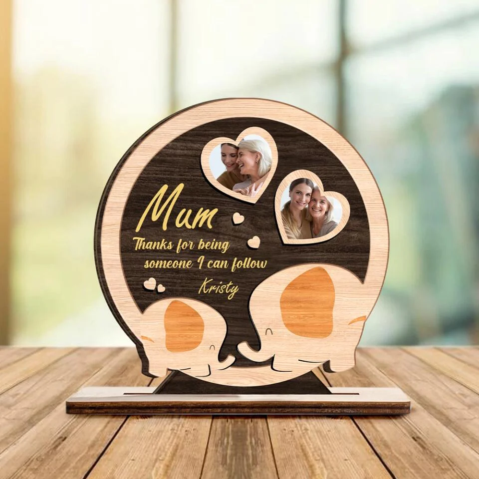 Mum Thanks for Being Someone I Can Follow - Mother & Kid Elephant - Custom Shape Wooden Plaque - Personalized Photo & Name - Birthday Gift for Mom - Mother's Day Gifts - 302ICNNPWP144 - Image 3
