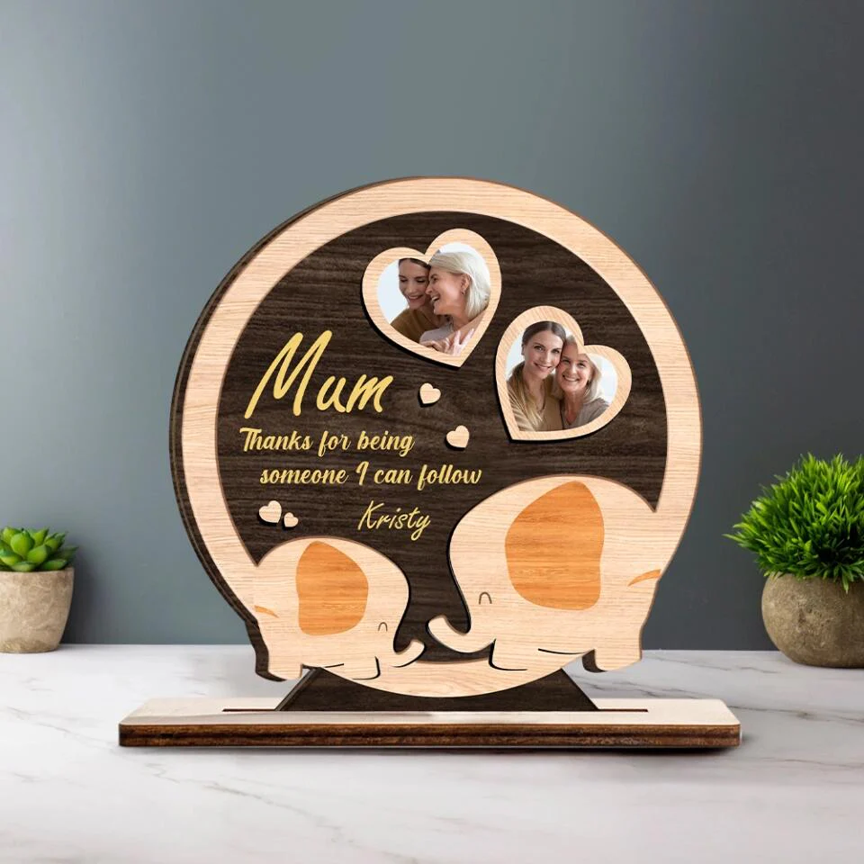 Mum Thanks for Being Someone I Can Follow - Mother & Kid Elephant - Custom Shape Wooden Plaque - Personalized Photo & Name - Birthday Gift for Mom - Mother's Day Gifts - 302ICNNPWP144 - Image 4