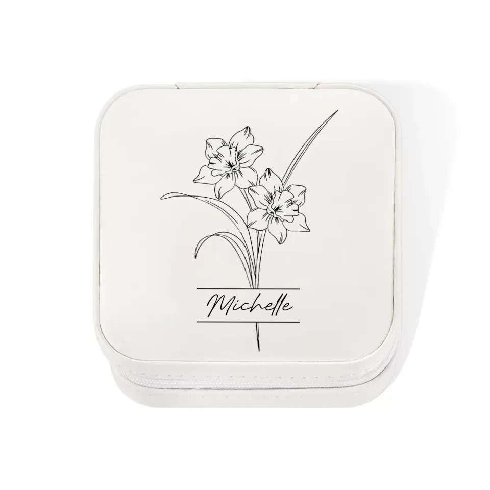 Name Birth Flower - Jewelry Travel Case, Vegan Leather Jewelry Organizer Box - Gift for Mother Wife Bridesmaids - Image 3