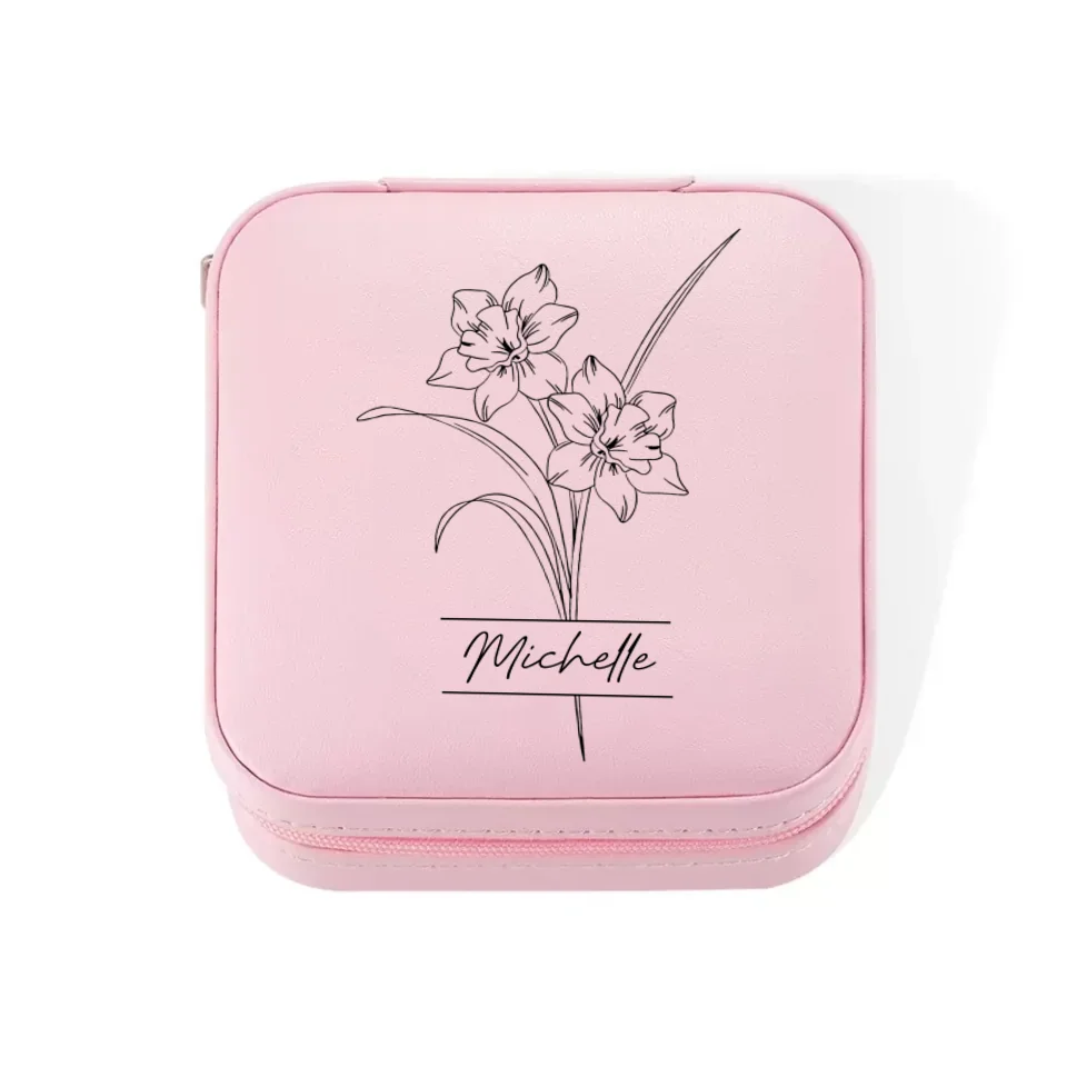Name Birth Flower - Jewelry Travel Case, Vegan Leather Jewelry Organizer Box - Gift for Mother Wife Bridesmaids - Image 4