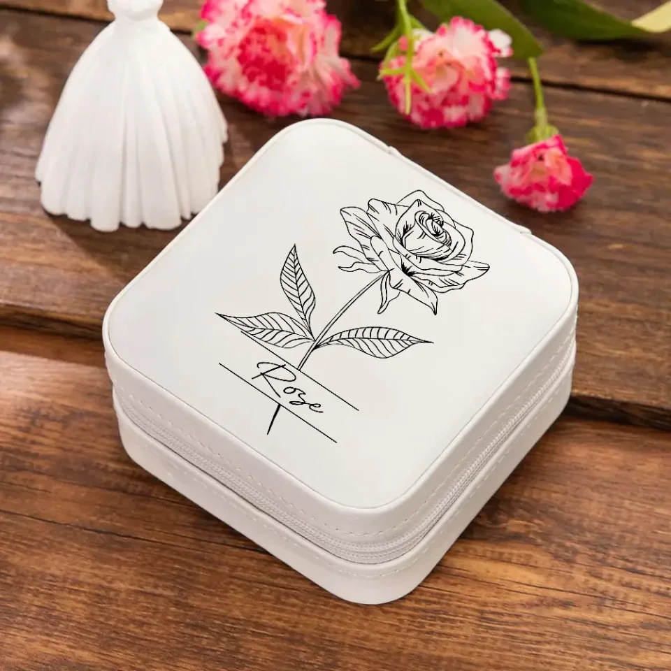 Name Birth Flower - Jewelry Travel Case, Vegan Leather Jewelry Organizer Box - Gift for Mother Wife Bridesmaids - Image 5