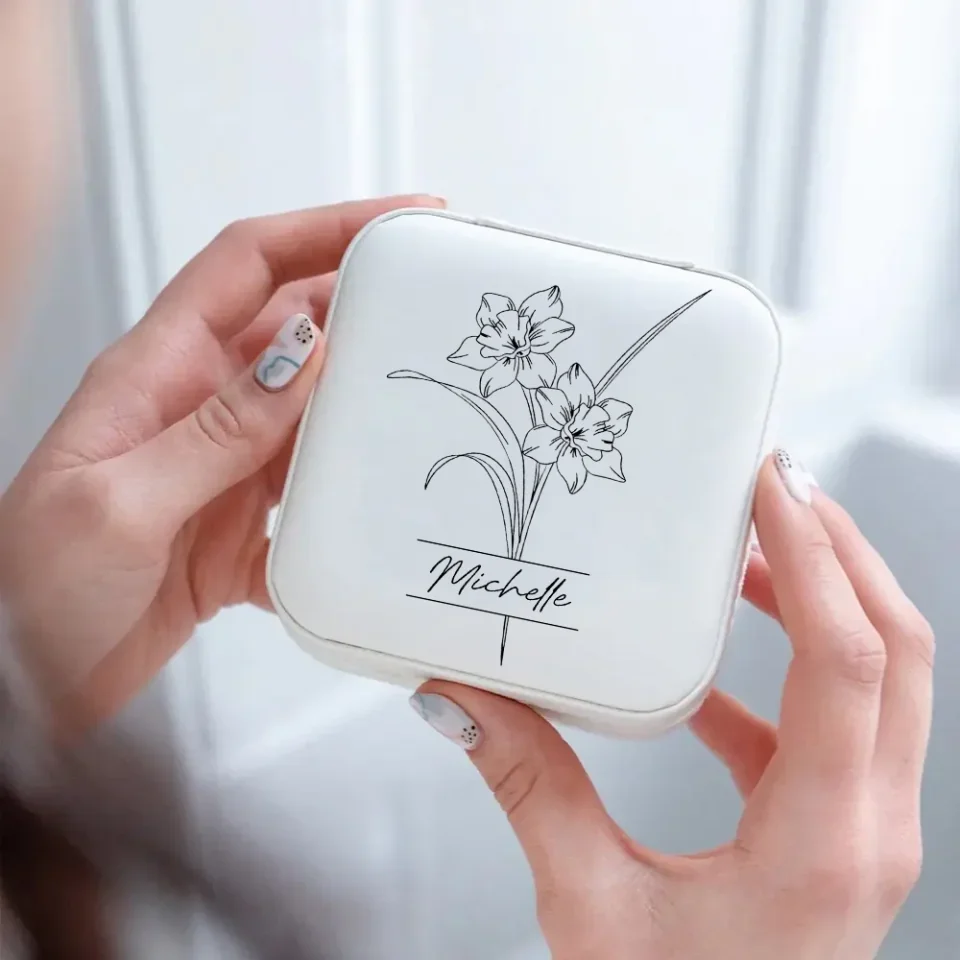 Name Birth Flower - Jewelry Travel Case, Vegan Leather Jewelry Organizer Box - Gift for Mother Wife Bridesmaids - Image 7