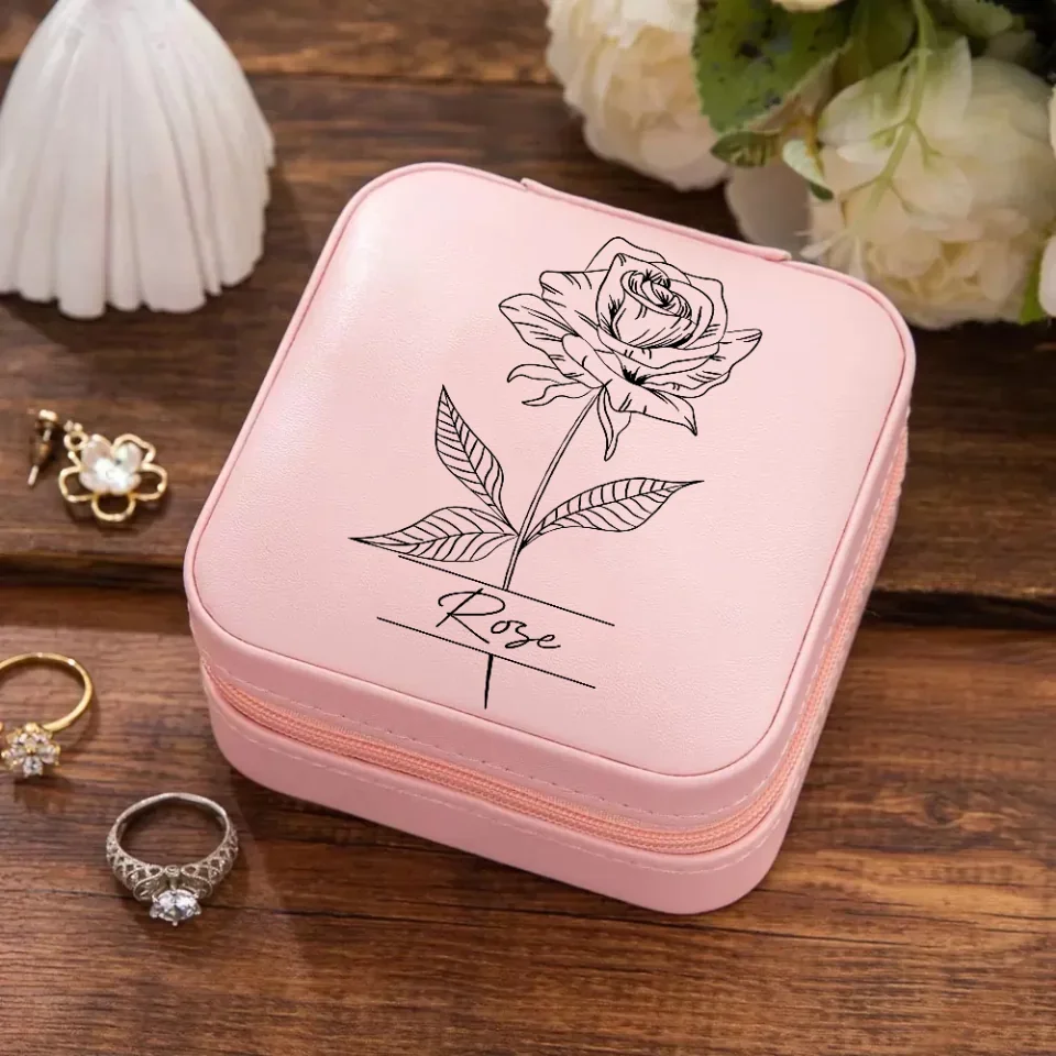 Name Birth Flower - Jewelry Travel Case, Vegan Leather Jewelry Organizer Box - Gift for Mother Wife Bridesmaids - Image 8