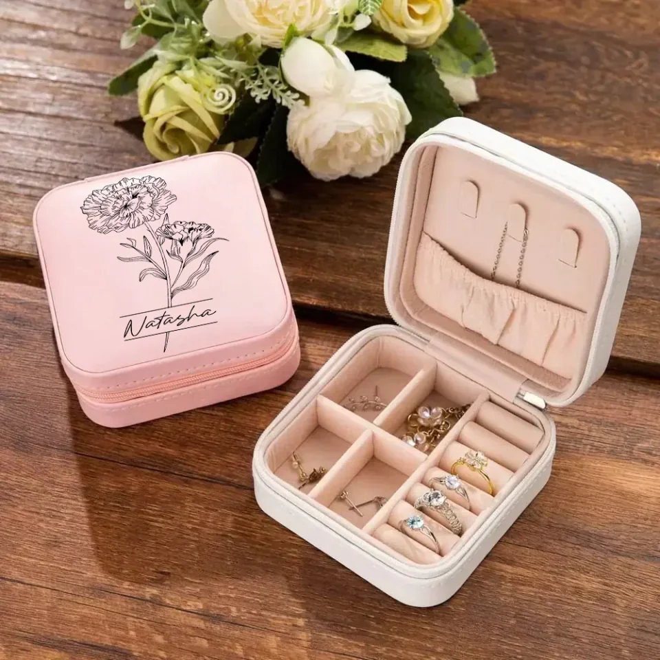 Name Birth Flower - Jewelry Travel Case, Vegan Leather Jewelry Organizer Box - Gift for Mother Wife Bridesmaids - Image 9