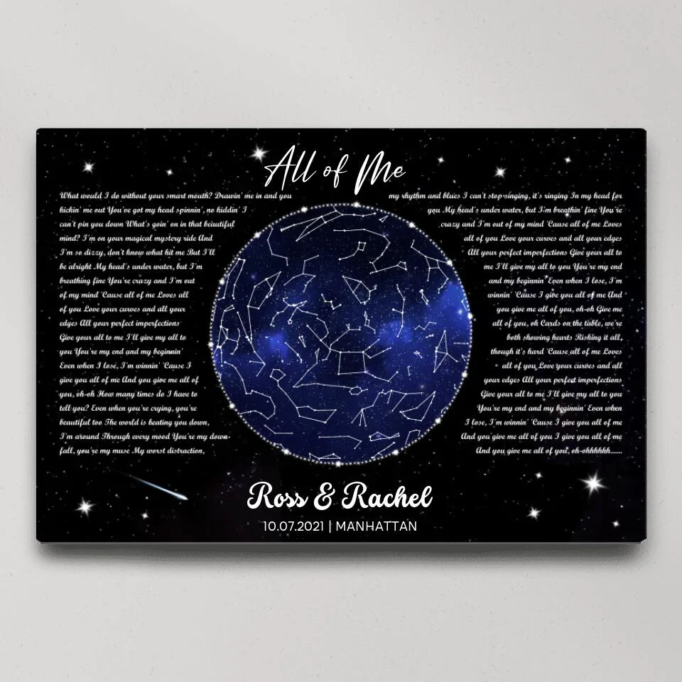 Night Sky Star Map And Song Lyrics Custom Canvas Poster Anniversary Gift For Couples