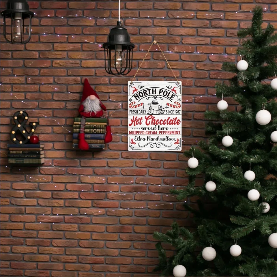 North Pole Hot Chocolate Served Here Wooden Hanging Sign - Farmhouse Christmas Vibes Decorations - Rustic Plaque for Home Kitchen - Image 3