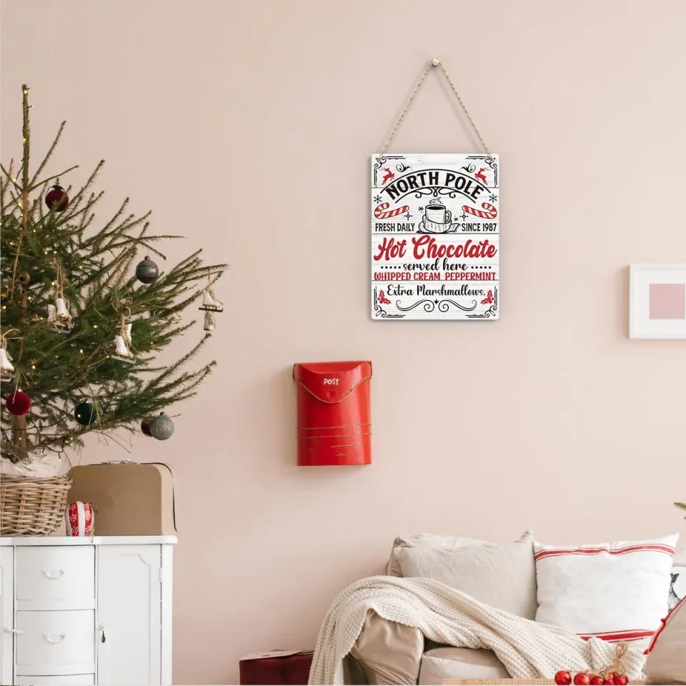 North Pole Hot Chocolate Served Here Wooden Hanging Sign - Farmhouse Christmas Vibes Decorations - Rustic Plaque for Home Kitchen - Image 4