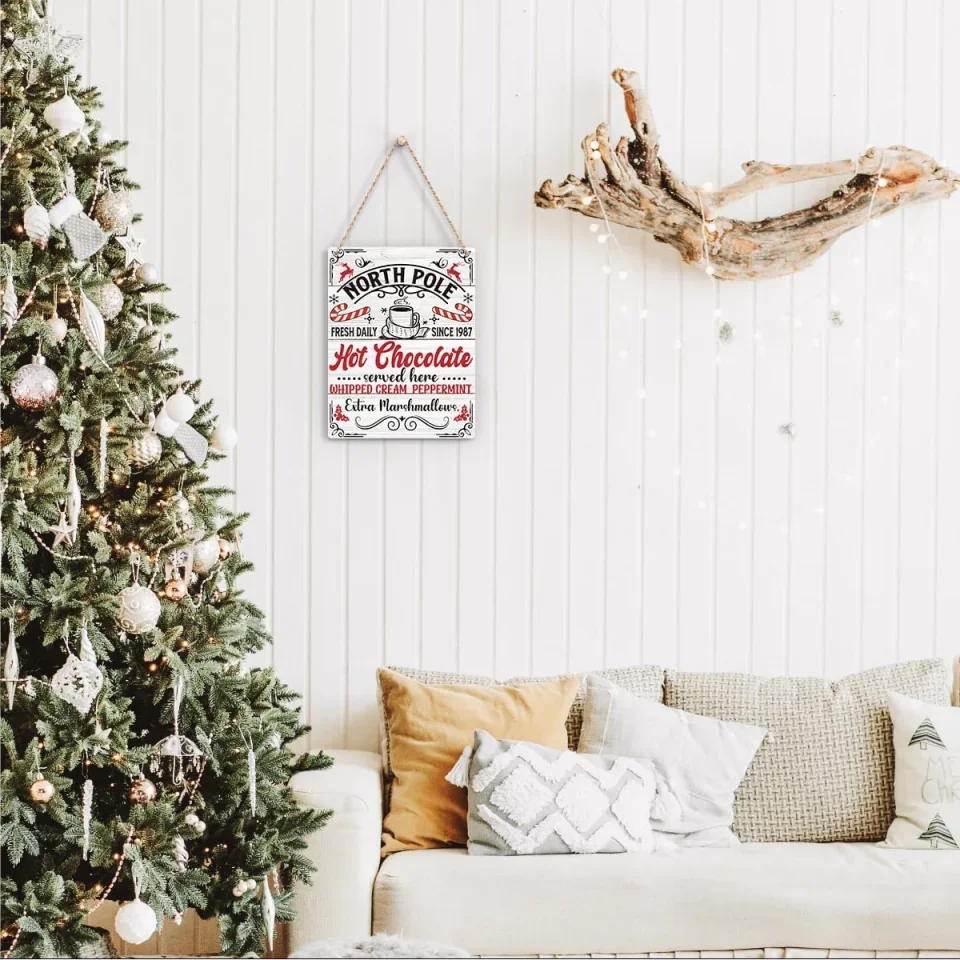 North Pole Hot Chocolate Served Here Wooden Hanging Sign - Farmhouse Christmas Vibes Decorations - Rustic Plaque for Home Kitchen - Image 5