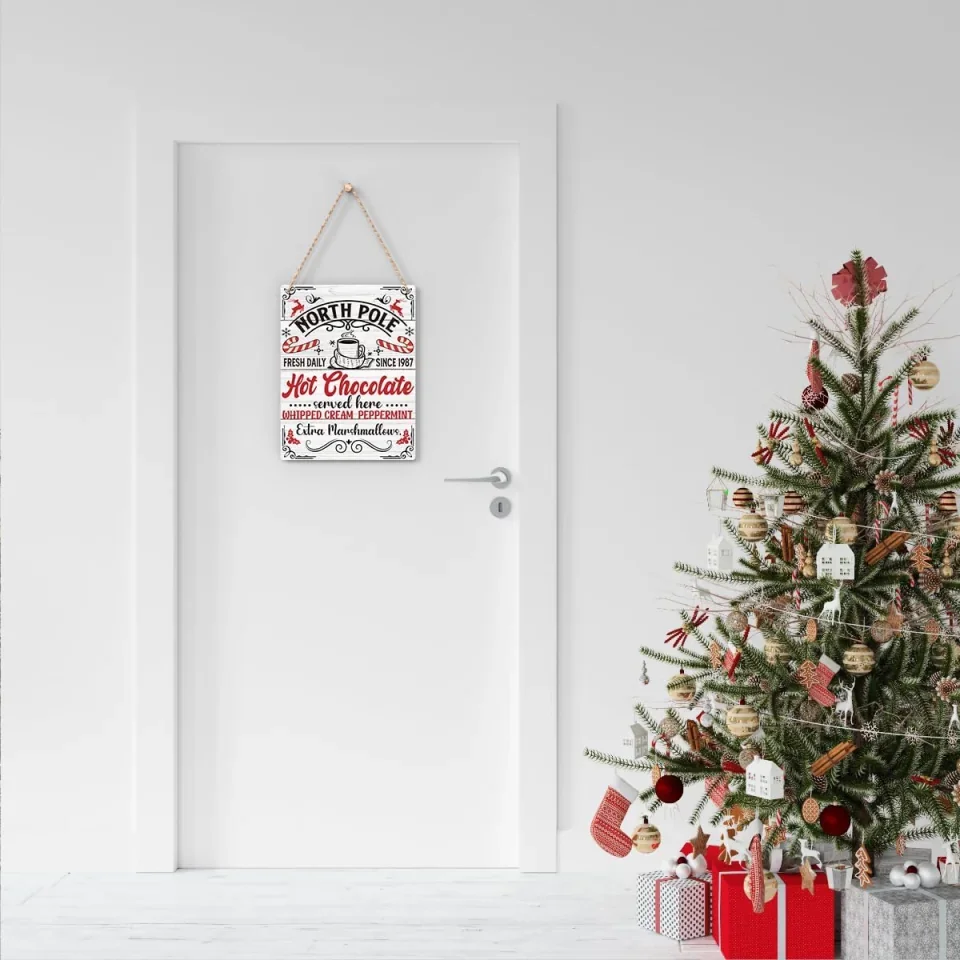 North Pole Hot Chocolate Served Here Wooden Hanging Sign - Farmhouse Christmas Vibes Decorations - Rustic Plaque for Home Kitchen - Image 6
