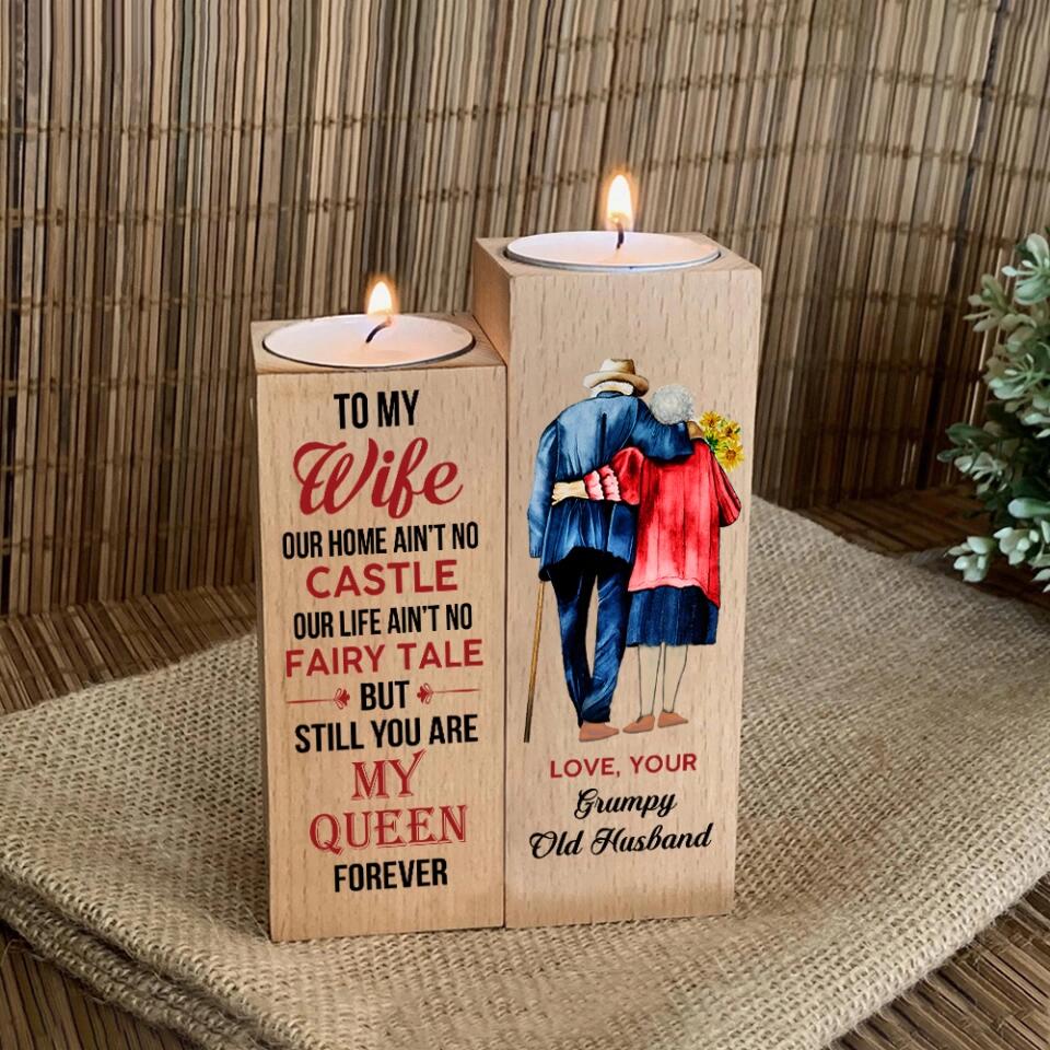 Personalized Valentine Gifts - Old Couple To My Wife Our Home Ain't No Castle Our Life Ain't No Fairy Tale Personalized Wood Candle Holder - Image 5