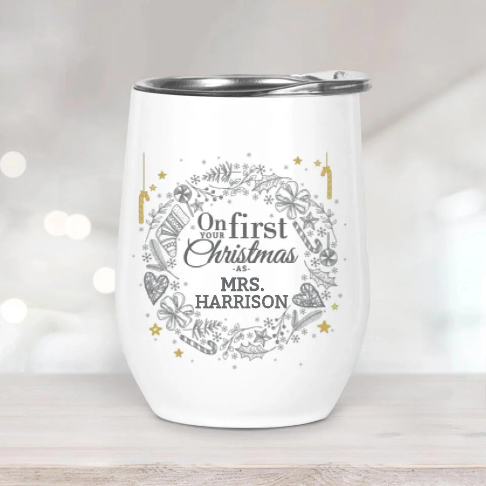 On Your First Christmas As Mr and Mrs - Personalized Couple Wine Tumbler - Image 2