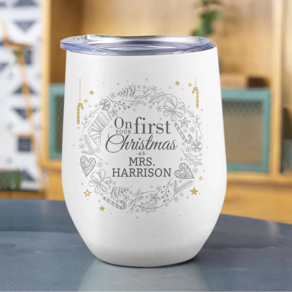 On Your First Christmas As Mr and Mrs - Personalized Couple Wine Tumbler - Image 3