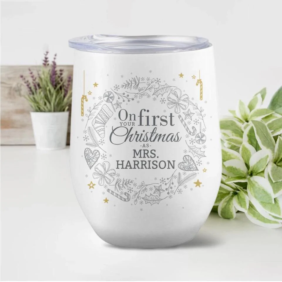 On Your First Christmas As Mr and Mrs - Personalized Couple Wine Tumbler - Image 4