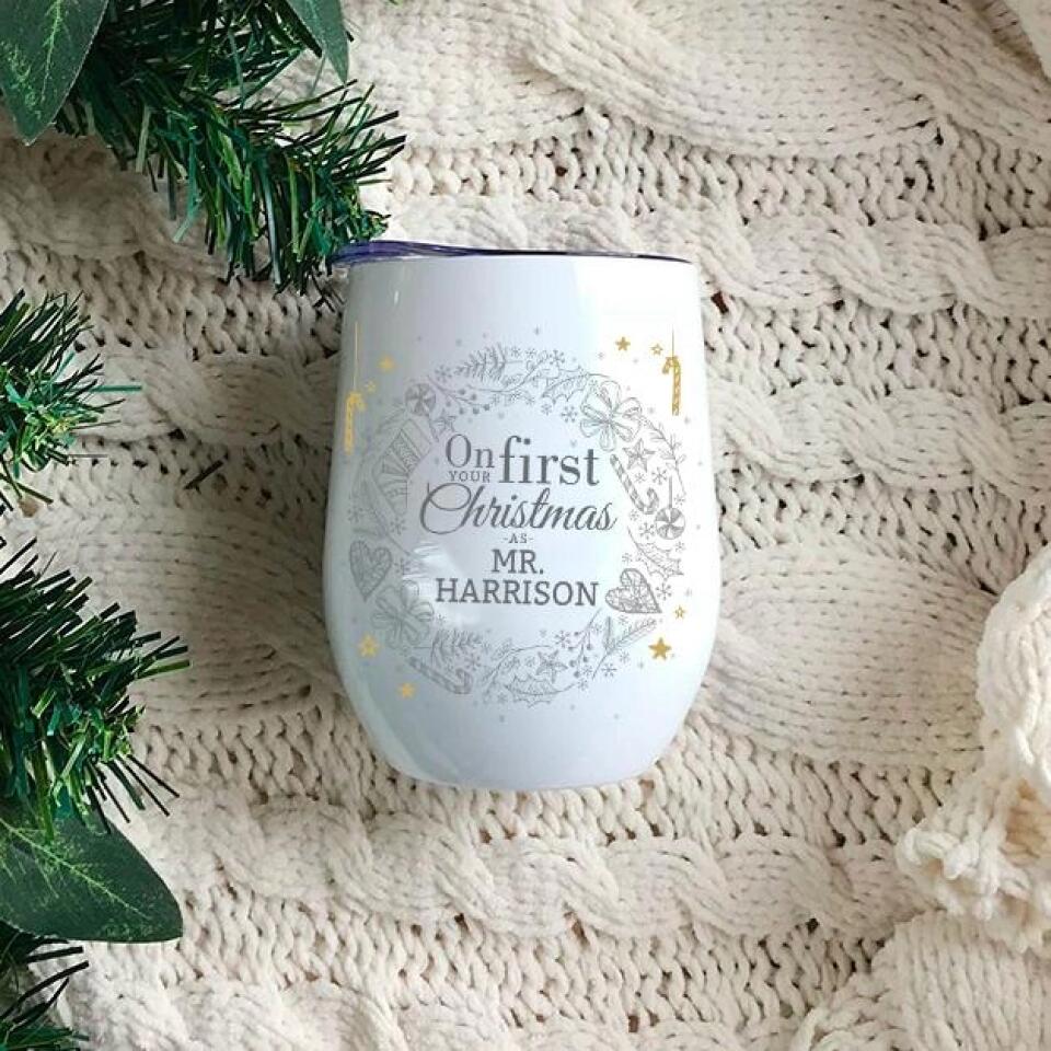 On Your First Christmas As Mr and Mrs - Personalized Couple Wine Tumbler - Image 5