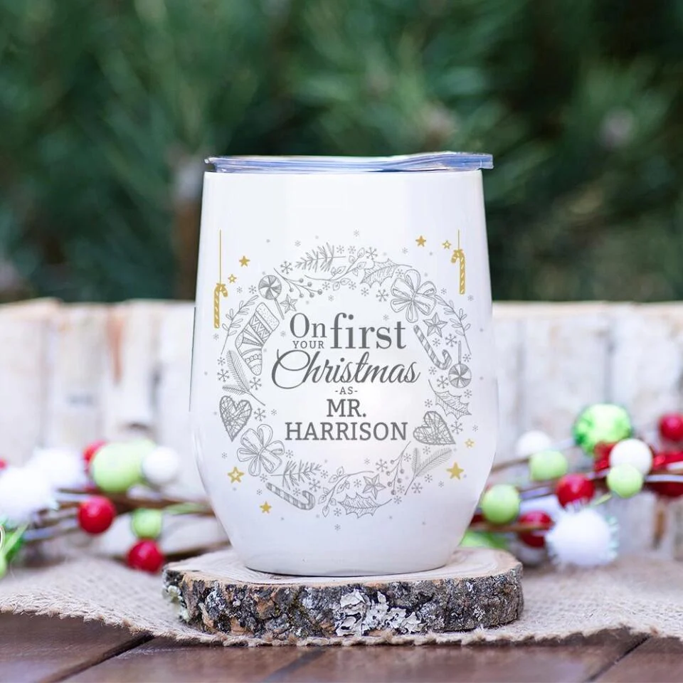 On Your First Christmas As Mr and Mrs - Personalized Couple Wine Tumbler - Image 6
