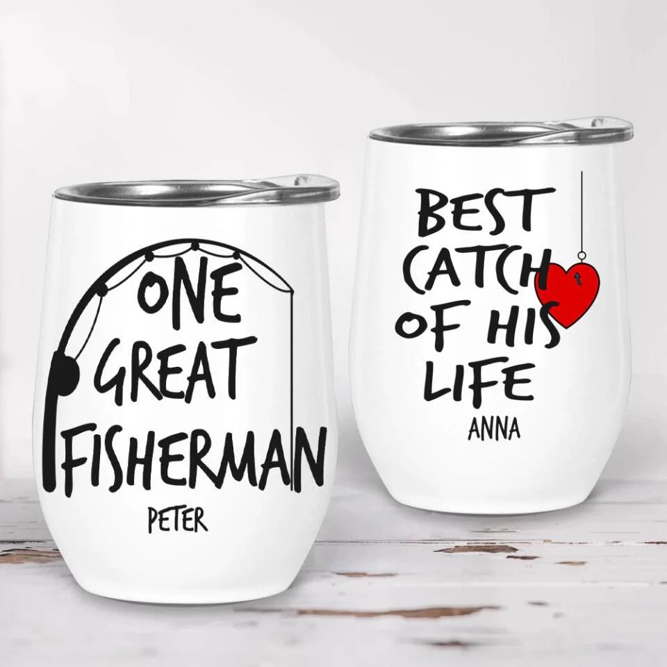 One Fisherman And Best Catch Of His Life, Personalized 12oz Tumbler, Funny Couple Gift, for Fishing Lovers - Image 2