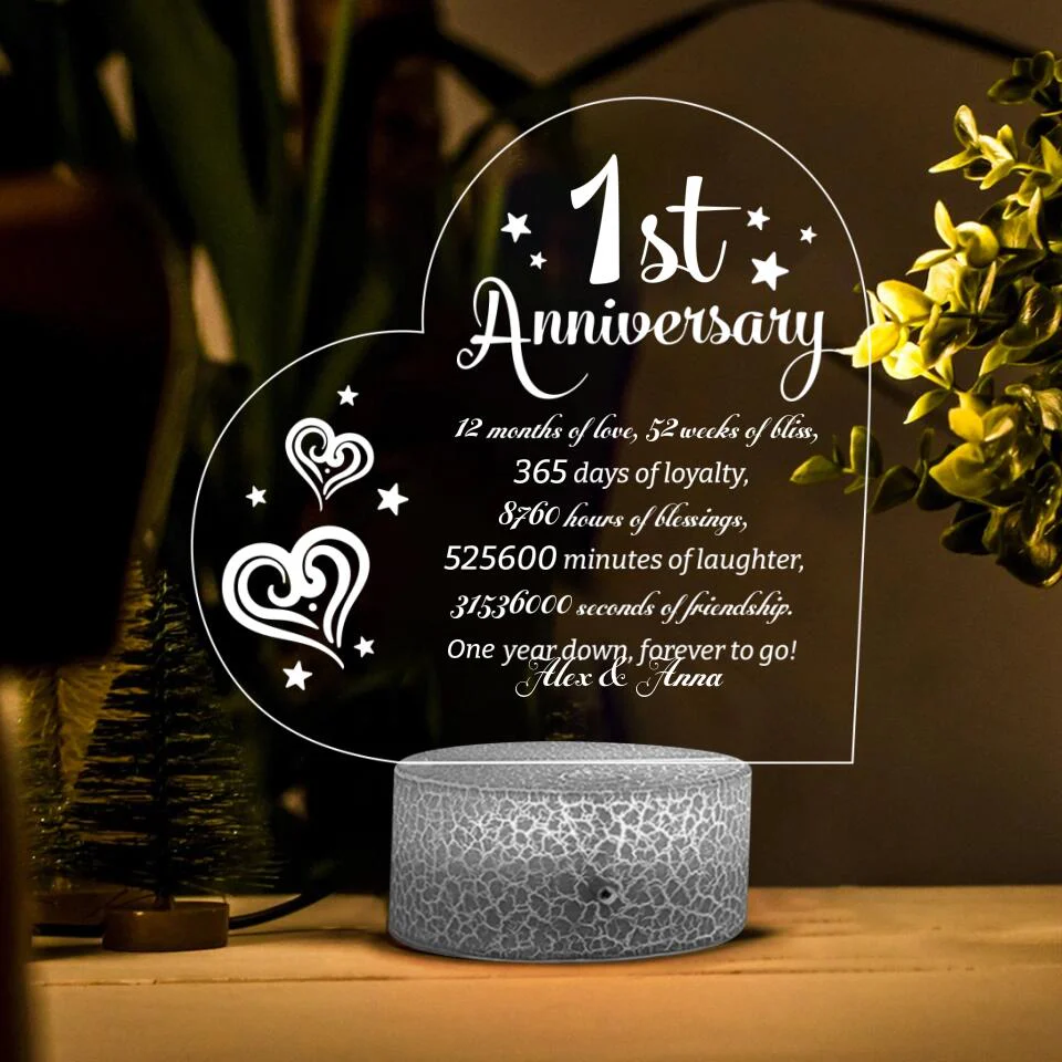 1st Anniversary, One Year Down Forever To Go - Personalized 3D Led Light - First Anniversary Gift - Image 2