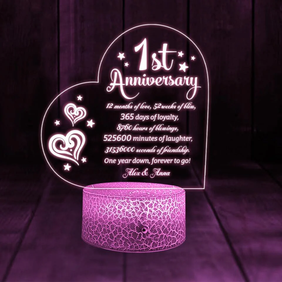 1st Anniversary, One Year Down Forever To Go - Personalized 3D Led Light - First Anniversary Gift - Image 3