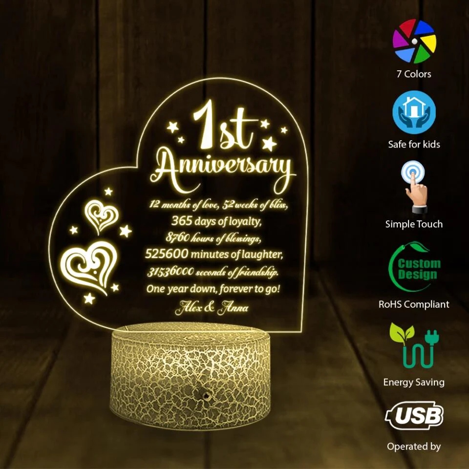 1st Anniversary, One Year Down Forever To Go - Personalized 3D Led Light - First Anniversary Gift - Image 4