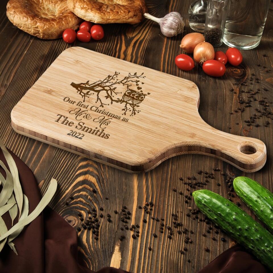 Our First Christmas as Mr & Mrs - Personalized Wood Cutting Board - Custom Name & Year - Image 5