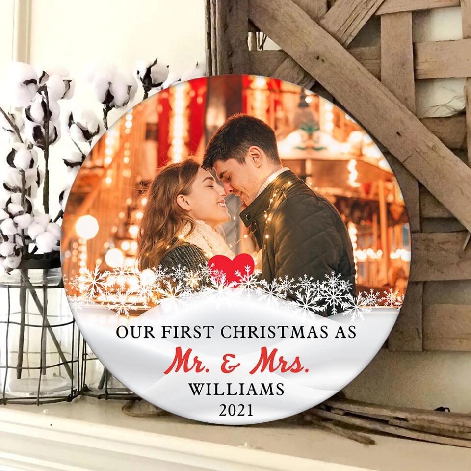 Couple Wooden Sign Our First Christmas Together As Mr Mrs Personalized Round Wood Sign - Image 2
