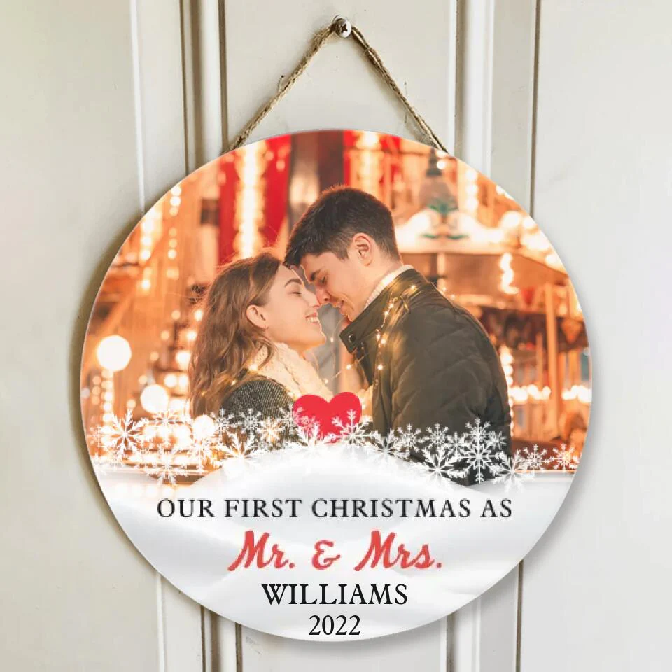 Couple Wooden Sign Our First Christmas Together As Mr Mrs Personalized Round Wood Sign - Image 3
