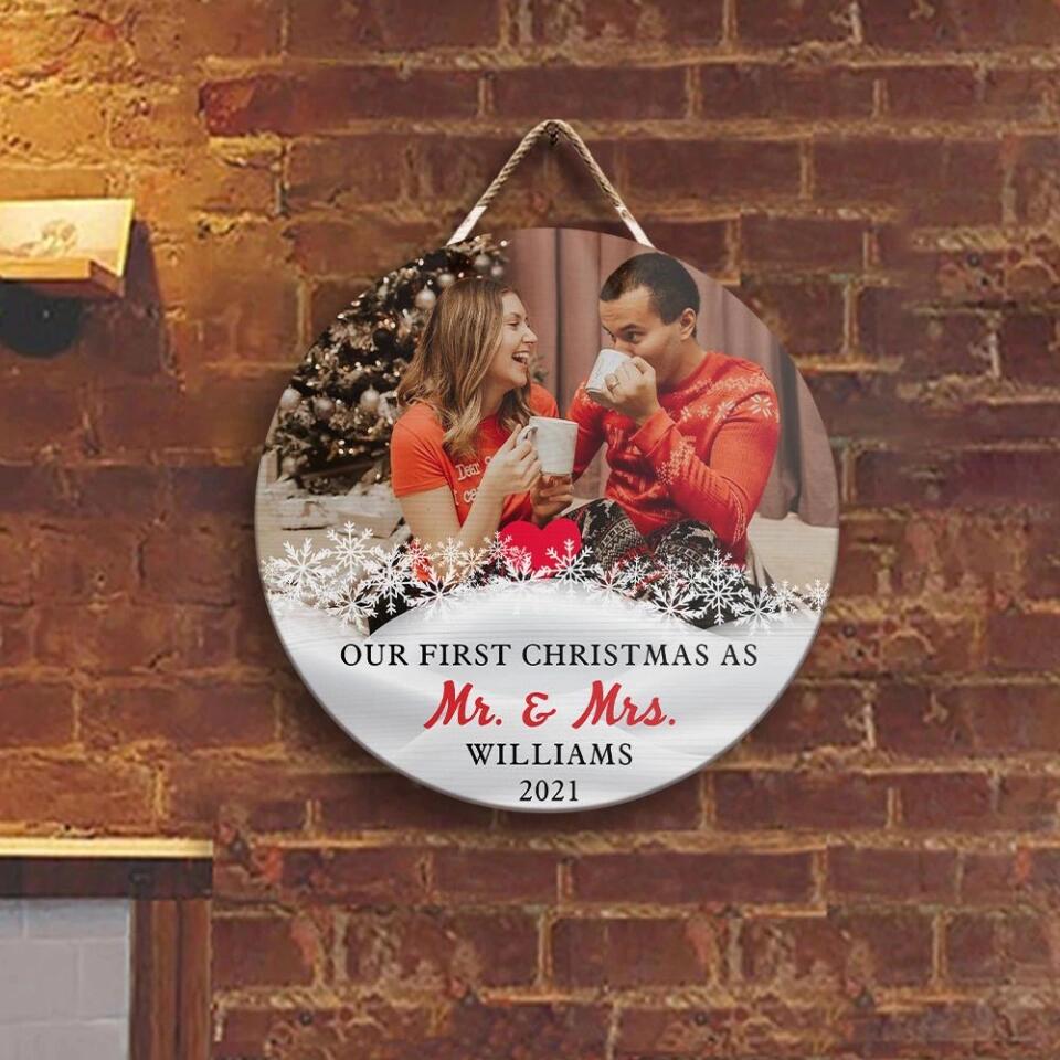 Couple Wooden Sign Our First Christmas Together As Mr Mrs Personalized Round Wood Sign - Image 4
