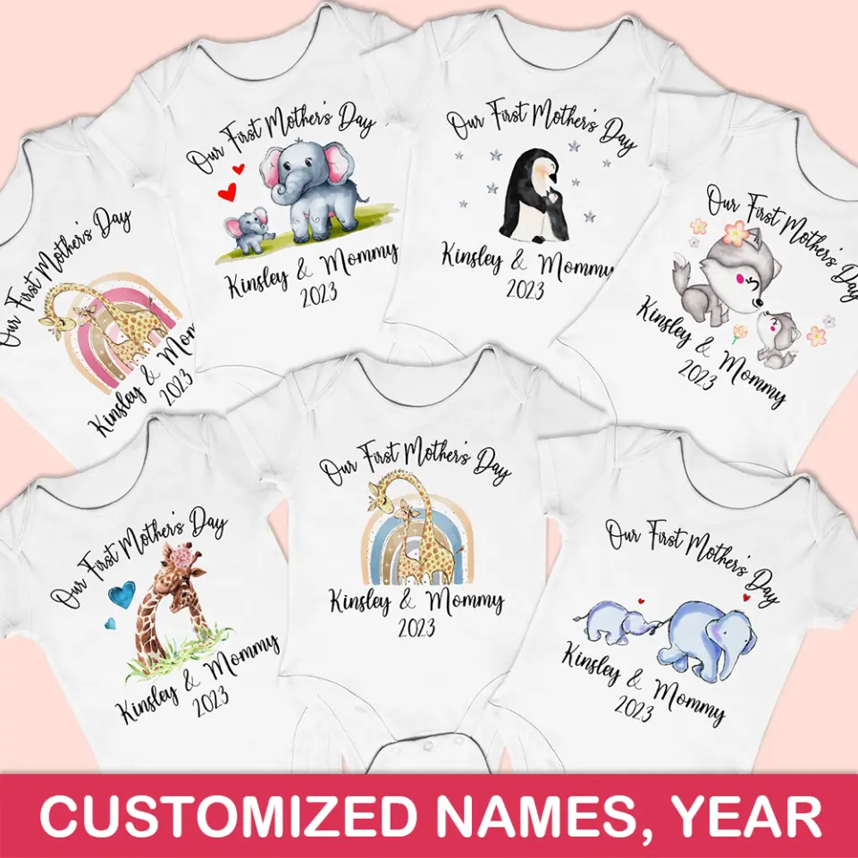 Our First Mother's Day - Personalized Baby Onesie - Cute Animal Pattern
