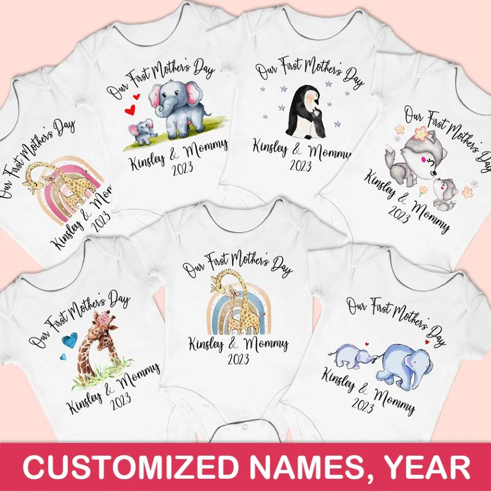 Our First Mother's Day - Personalized Baby Onesie - Cute Animal Pattern - Image 3