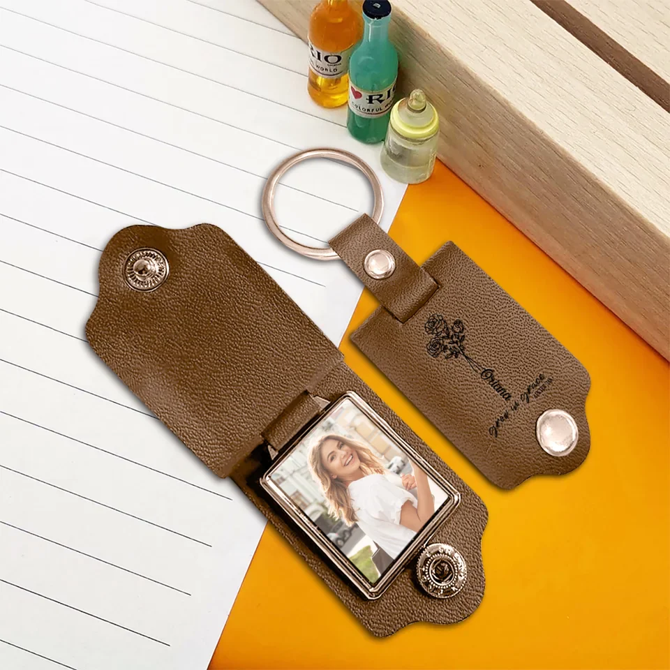 Personalized Birthday Month Flower - Leather Keychain with Photo - Christian, Birthday Gift for Daughter, Sister