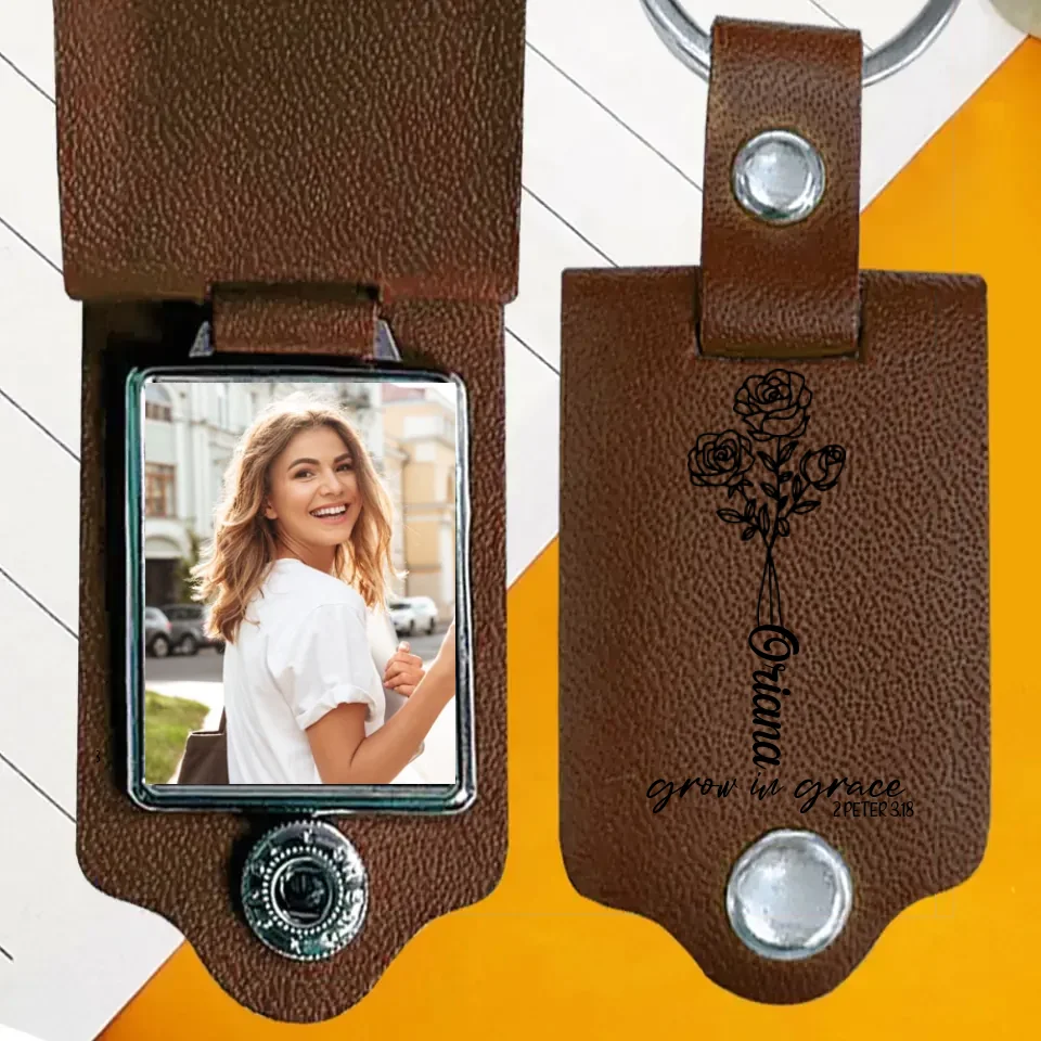 Personalized Birthday Month Flower - Leather Keychain with Photo - Christian, Birthday Gift for Daughter, Sister - Image 2