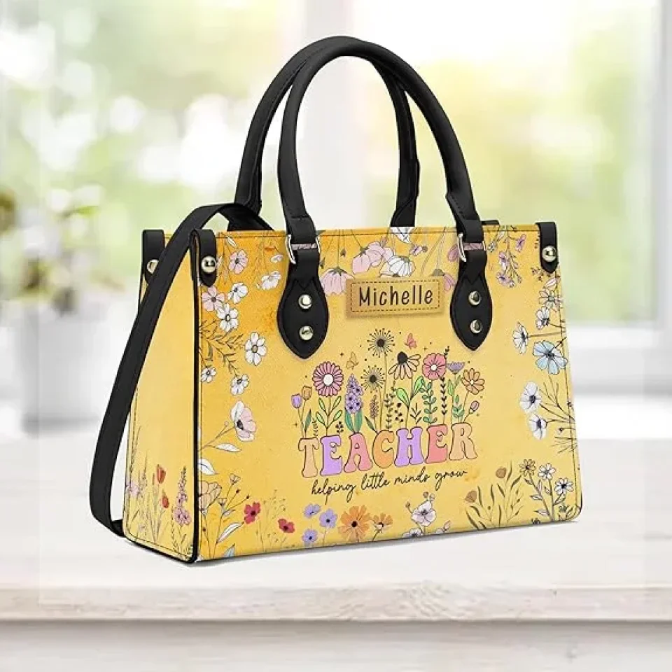 Personalized Teacher's Leather Handbag - Custom Name Bag- Yellow Bag with Flower Design- Heavy Bag with Zipper - Gift for Teacher - Image 2