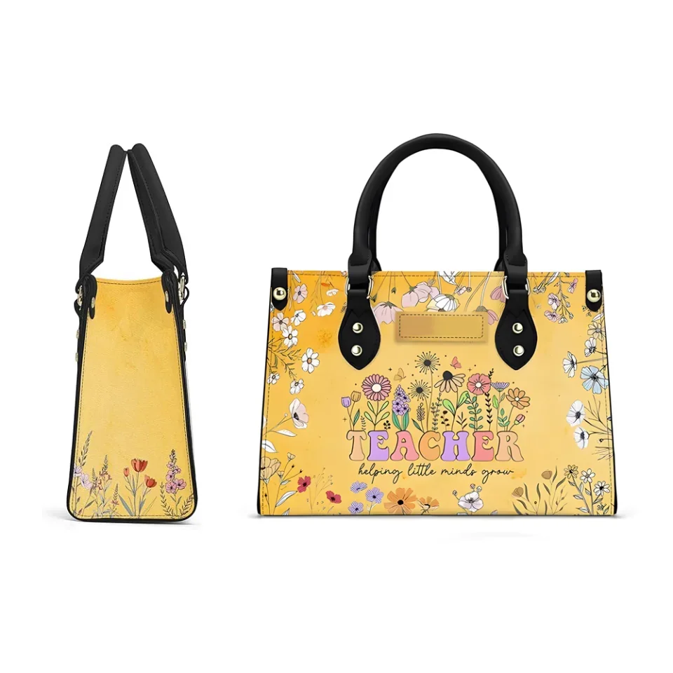 Personalized Teacher's Leather Handbag - Custom Name Bag- Yellow Bag with Flower Design- Heavy Bag with Zipper - Gift for Teacher - Image 3