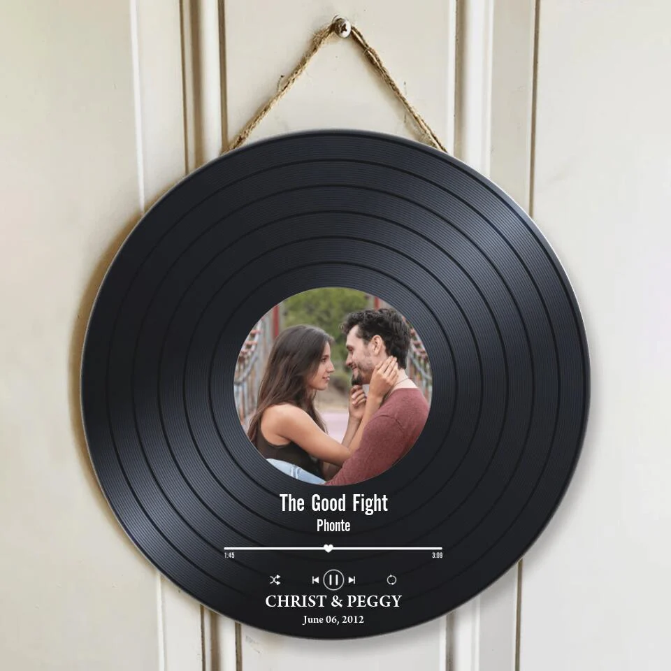 Couple Wooden Sign Photo, Name And Date Music Record Personalized Round Wood Sign - Image 3