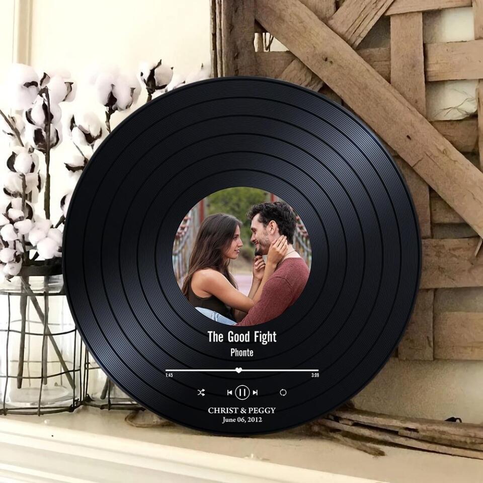 Couple Wooden Sign Photo, Name And Date Music Record Personalized Round Wood Sign - Image 4