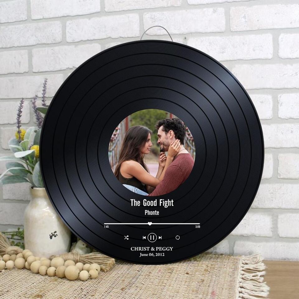 Couple Wooden Sign Photo, Name And Date Music Record Personalized Round Wood Sign - Image 5