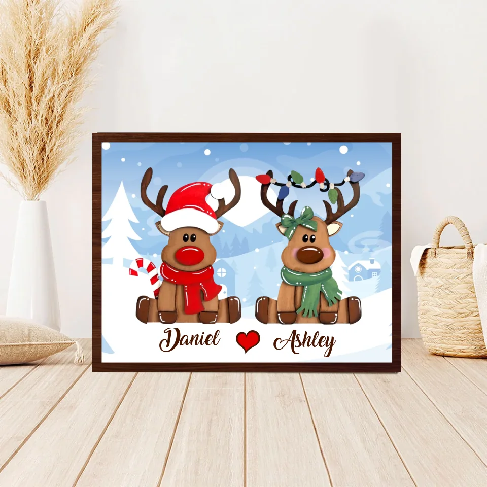 Couple Wooden Sign Cute Reindeer Couple Christmas Background - 2 Layered Wooden Art - Christmas Home Decoration for Couples - Gifts for Boyfriend, Girlfriend, Spouce - Image 2
