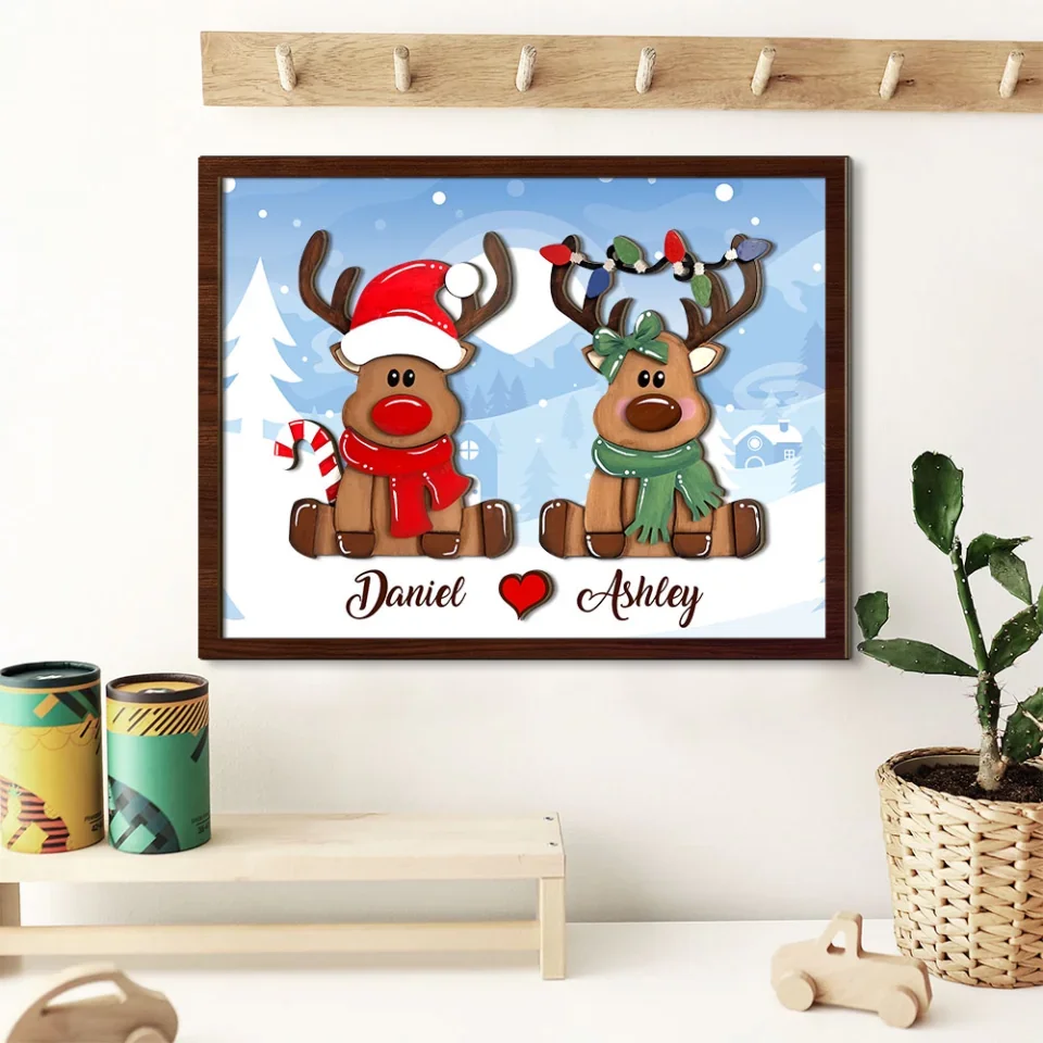 Couple Wooden Sign Cute Reindeer Couple Christmas Background - 2 Layered Wooden Art - Christmas Home Decoration for Couples - Gifts for Boyfriend, Girlfriend, Spouce - Image 3