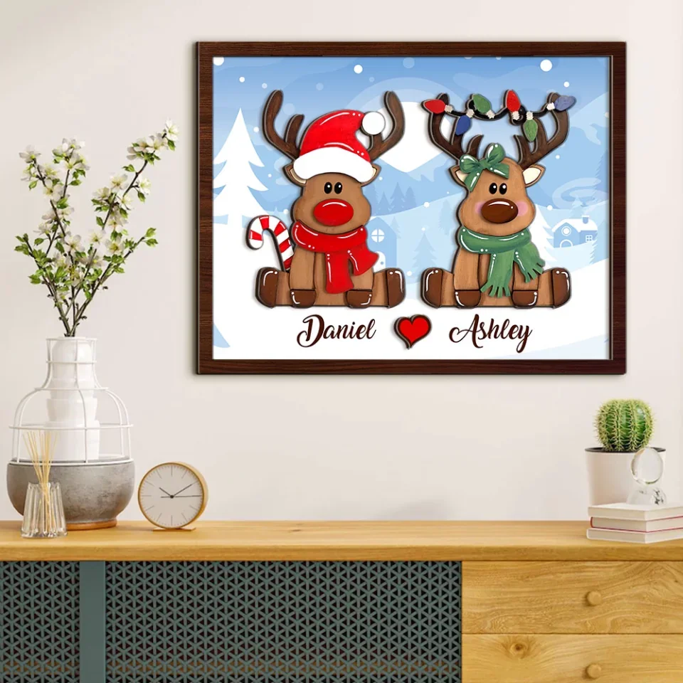 Couple Wooden Sign Cute Reindeer Couple Christmas Background - 2 Layered Wooden Art - Christmas Home Decoration for Couples - Gifts for Boyfriend, Girlfriend, Spouce - Image 4
