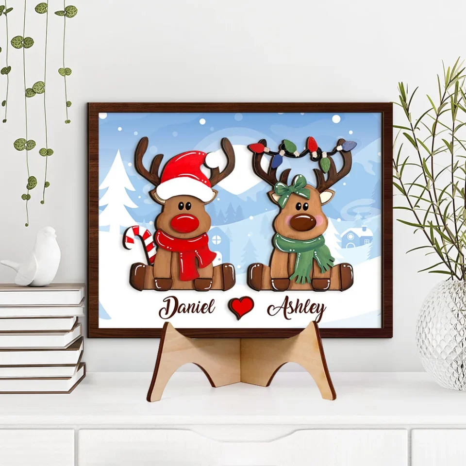 Couple Wooden Sign Cute Reindeer Couple Christmas Background - 2 Layered Wooden Art - Christmas Home Decoration for Couples - Gifts for Boyfriend, Girlfriend, Spouce - Image 5