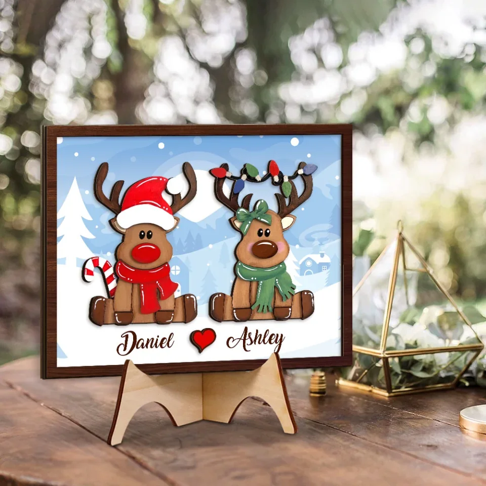 Couple Wooden Sign Cute Reindeer Couple Christmas Background - 2 Layered Wooden Art - Christmas Home Decoration for Couples - Gifts for Boyfriend, Girlfriend, Spouce - Image 6