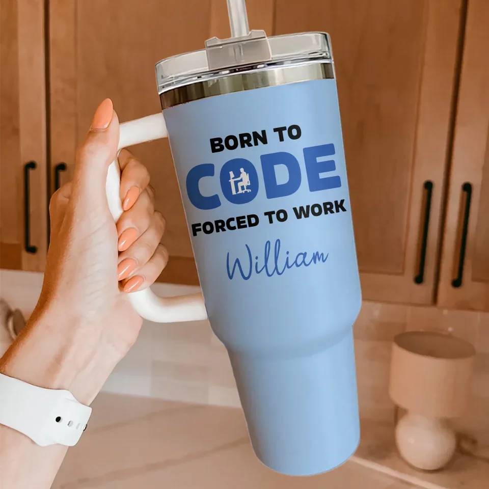 Senior Citizen Texting Code - Born to Code Forced to Work - Funny Blue 40oz Tumbler with Handle - Gift for IT Staff, Coder - Image 4