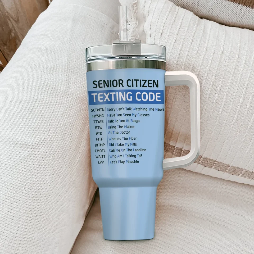 Senior Citizen Texting Code - Born to Code Forced to Work - Funny Blue 40oz Tumbler with Handle - Gift for IT Staff, Coder - Image 5