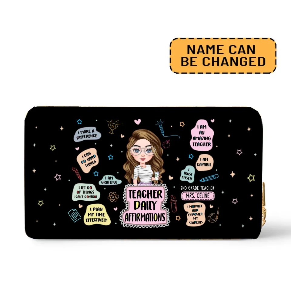 Teacher Daily Affirmations - Personalized Teacher's Figure - Custom Leather Wallet - Awesome Gift for Your Teachers