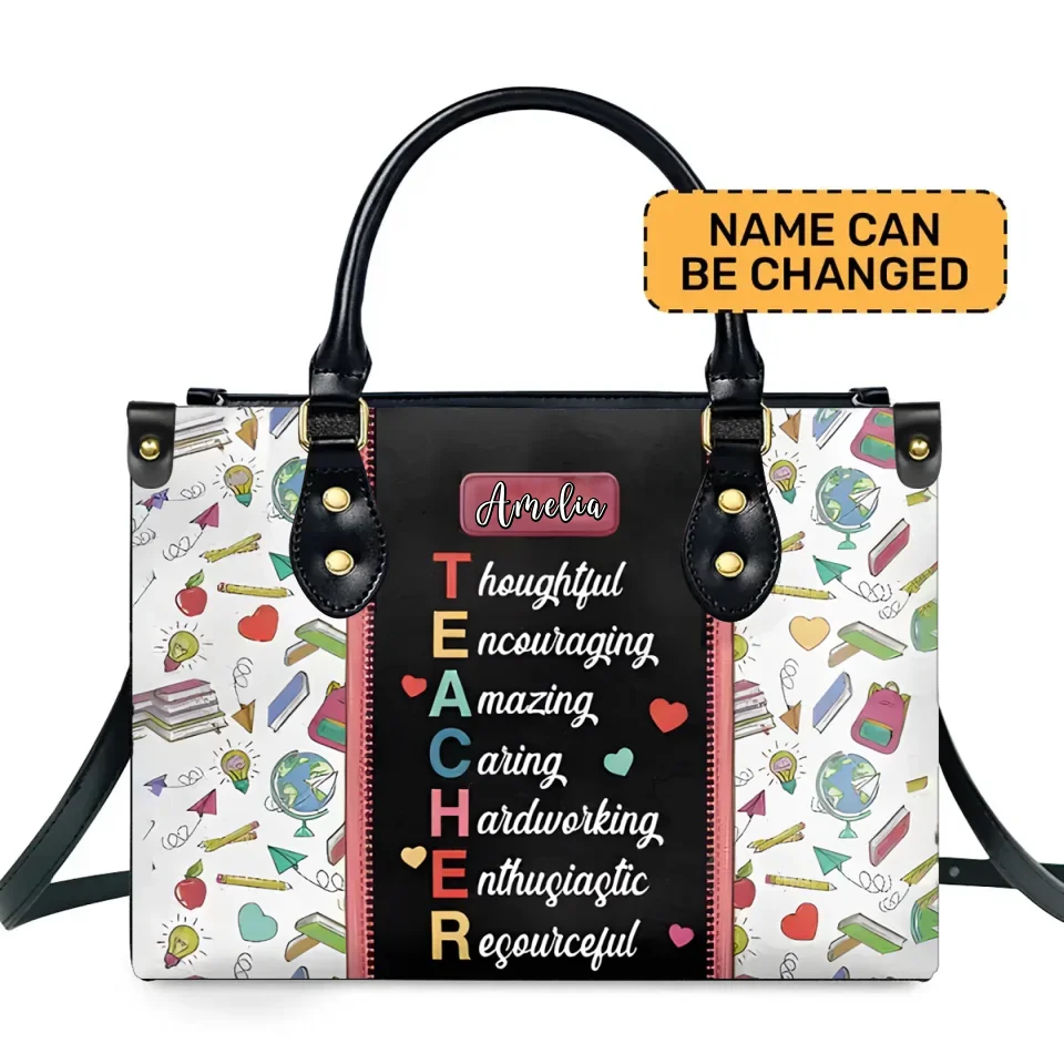 Teacher Features - Thoughtful Encouraging Amazing - Teacher Leather Handbag - Appreciation Gifts for Your Teachers