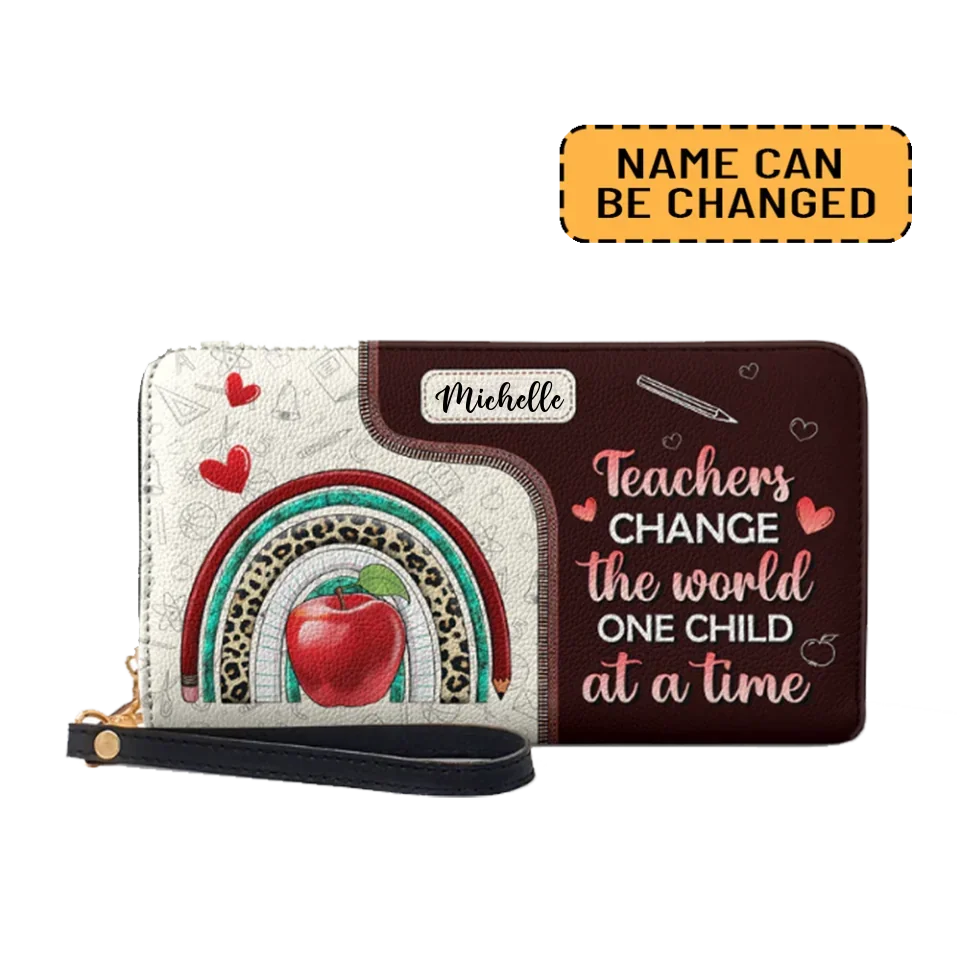 Teachers Change The World One Child At A Time - Personalized Zip Around Leather Wallet - Gift for Teachers