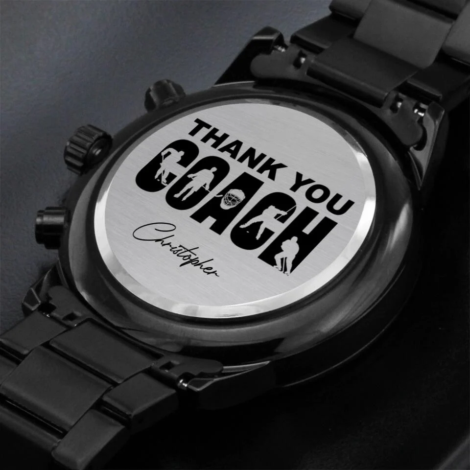Thank You Hockey Coach - Personalized Stainless Steel Engraved Chronograph Watch - Appreciation Gift For Hockey Coaches - Image 3