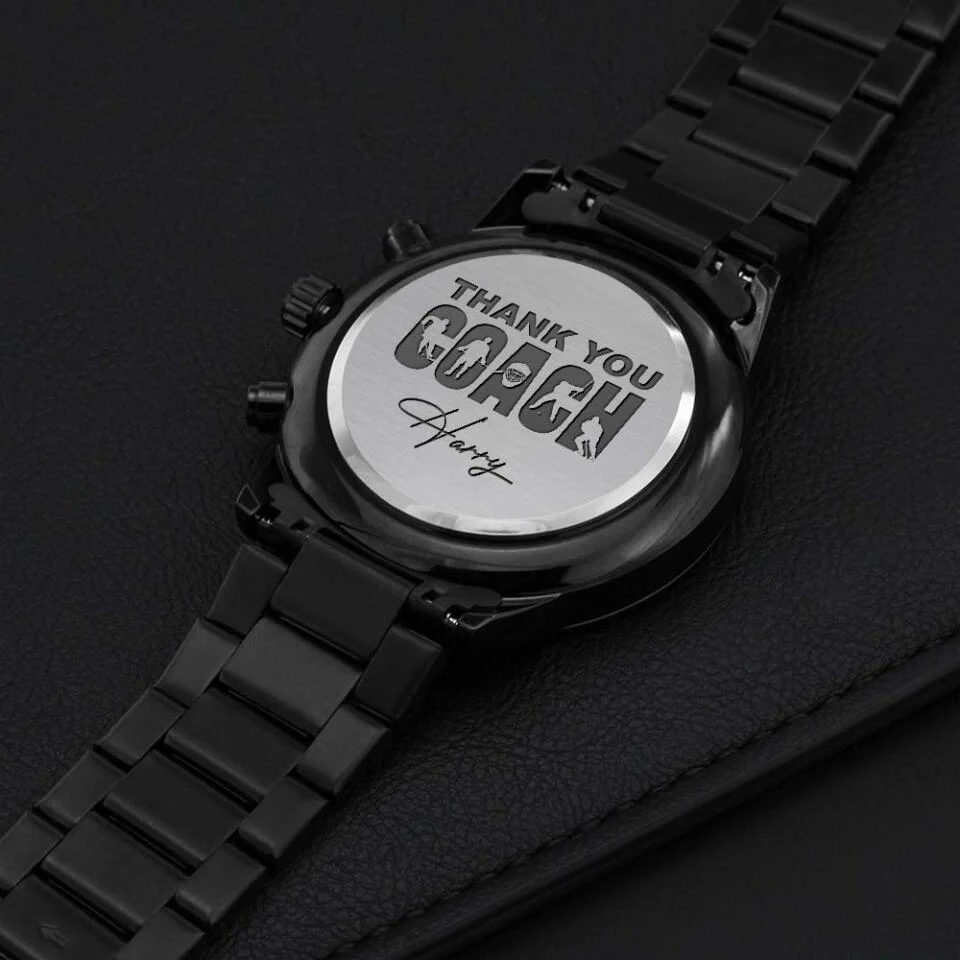 Thank You Hockey Coach - Personalized Stainless Steel Engraved Chronograph Watch - Appreciation Gift For Hockey Coaches - Image 4
