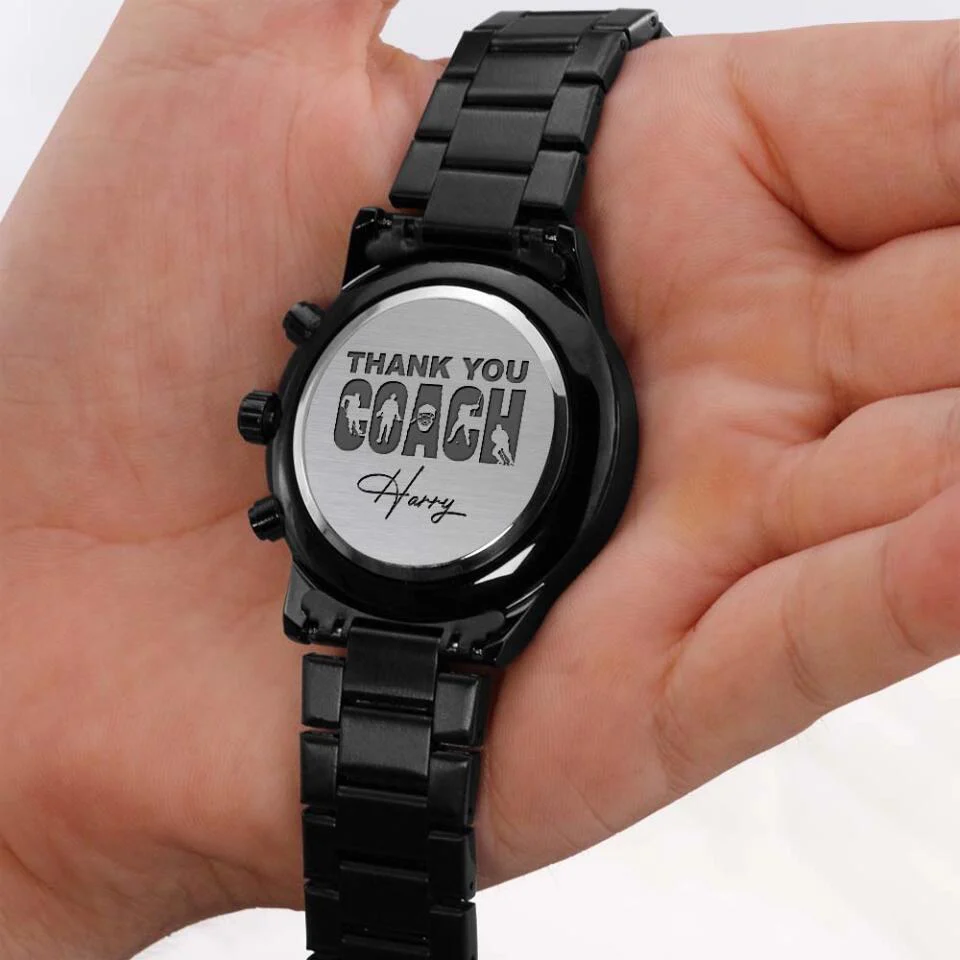 Thank You Hockey Coach - Personalized Stainless Steel Engraved Chronograph Watch - Appreciation Gift For Hockey Coaches - Image 5