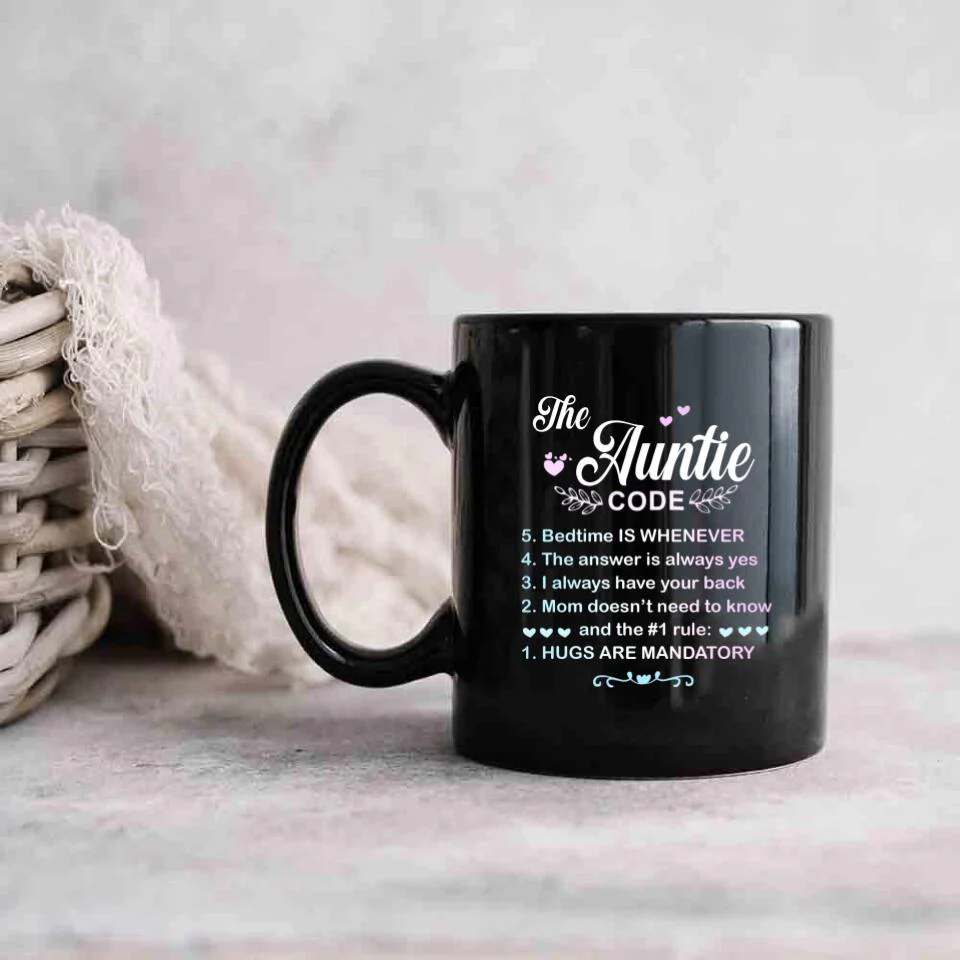 The Auntie Code Cup, Personalized Name with Flower Black Mug, Best Gift For Aunt from Niece/Nephew - Image 2